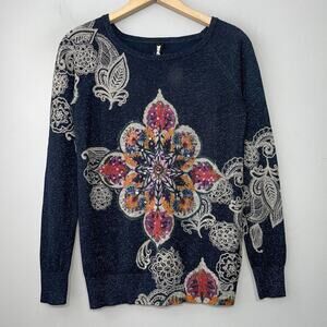 Desigual Sweater Size Small Navy Artsy Sequin Embellished Sparkle Boho Floral